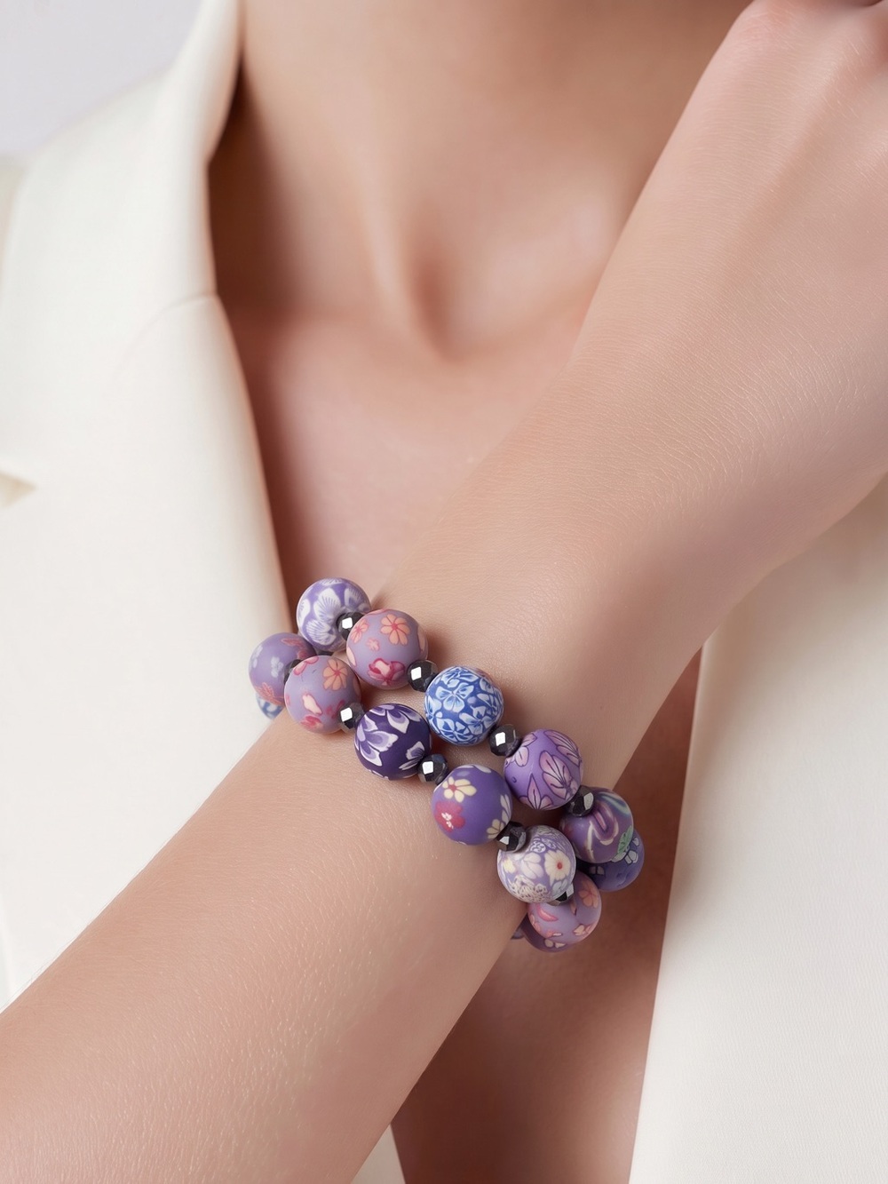 NWOT Floral Purple STRETCH Beaded Bracelets Purchased in Greece
